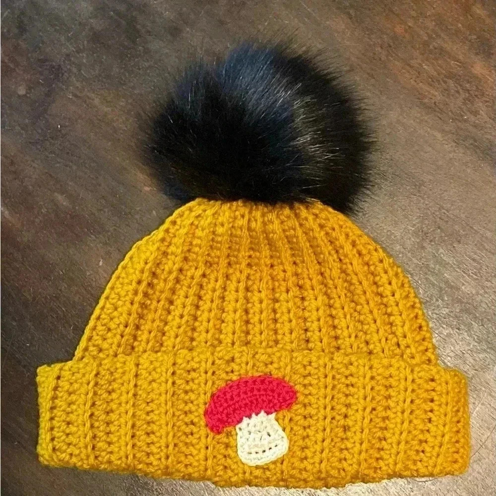 Chunky Oversized Cuffed Fall Winter Beanie Faux‎ Fur PomPom - Mushroom Mustard